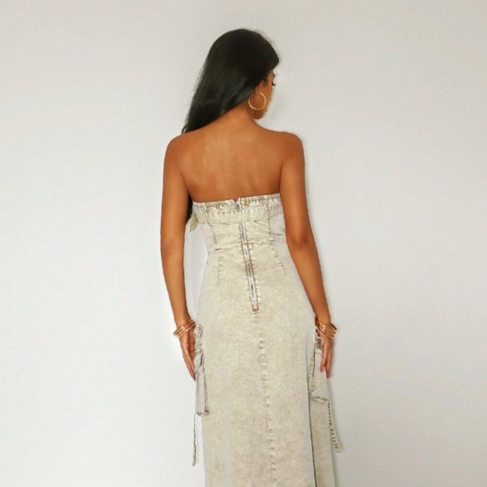 Women’s Iris Denim Strapless Buckle Patchwork Maxi Dress - Picture 3 of 6
